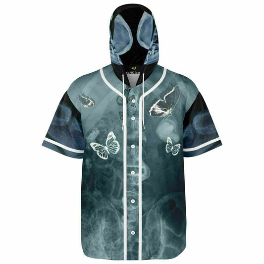 Butterfly Skeletal Vibes: Eco-Friendly Hooded Baseball Fitness Jersey