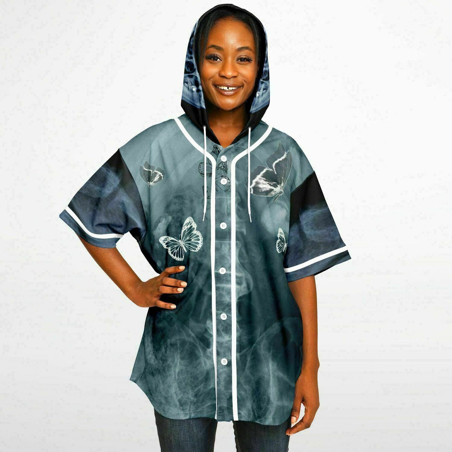 Butterfly Skeletal Vibes: Eco-Friendly Hooded Baseball Fitness Jersey
